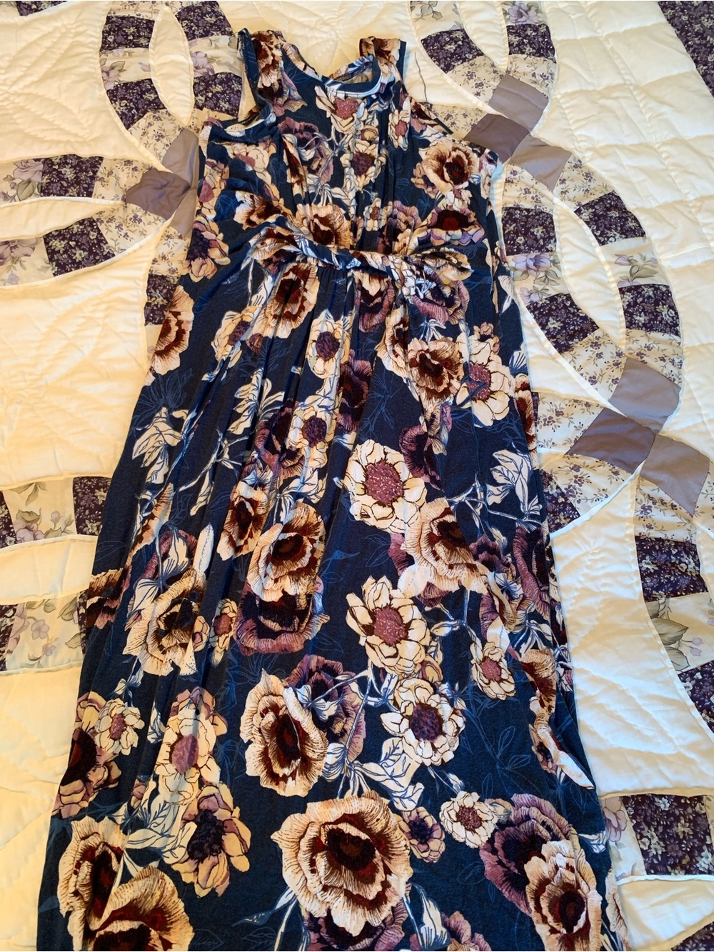 Maurices Navy Floral Sleeveless Maxi Dress with Cream & Brown Blooms